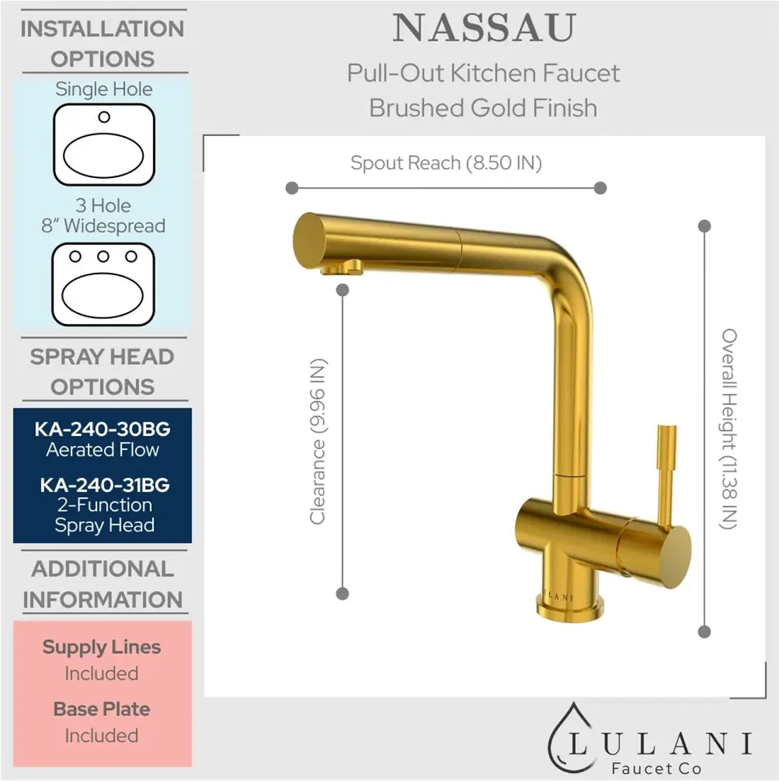 Lulani Nassau Brushed Gold Stainless Steel PVD Finish 1.8 GPM 1-Handle Pull-Out Swivel Faucet With Baseplate