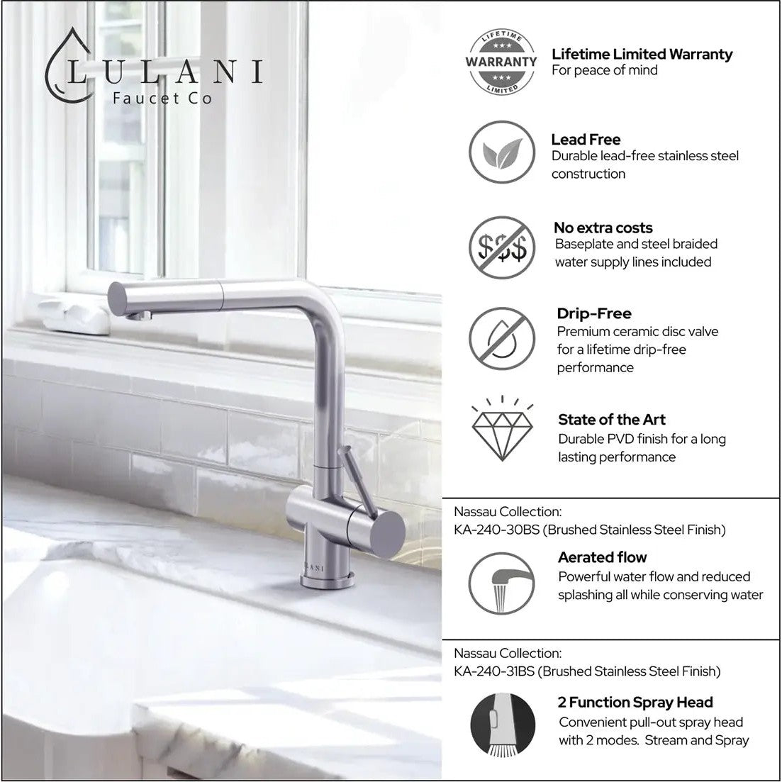 Lulani Nassau Brushed Stainless Steel PVD Finish 1.8 GPM 1-Handle Pull-Out Swivel Faucet With Baseplate