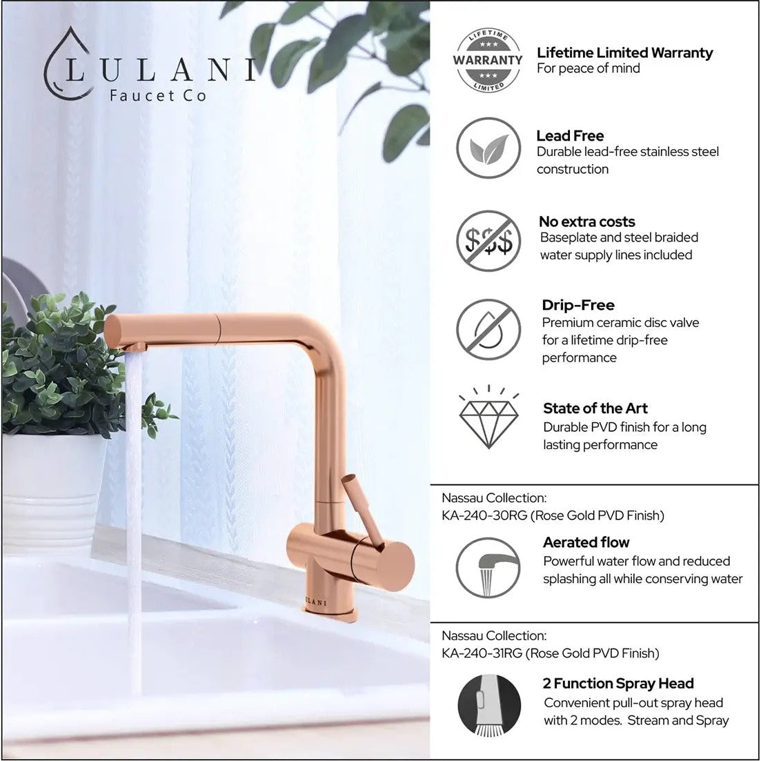 Lulani Nassau Rose Gold Stainless Steel PVD Finish 1.8 GPM 1-Handle Pull-Out Swivel Faucet With Baseplate