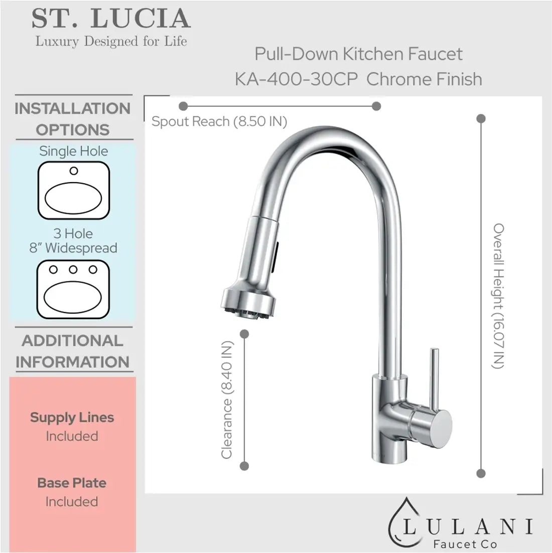 Lulani St. Lucia Chrome 1.8 GPM 360-Degree Swivel Spout Pull-Down Faucet