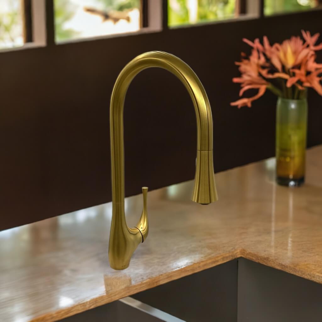 Lulani Yasawa Brushed Gold 1.8 GPM Single Handle 2-Function Pull-Down Spray Head 360 Swivel Spout Faucet With Baseplate