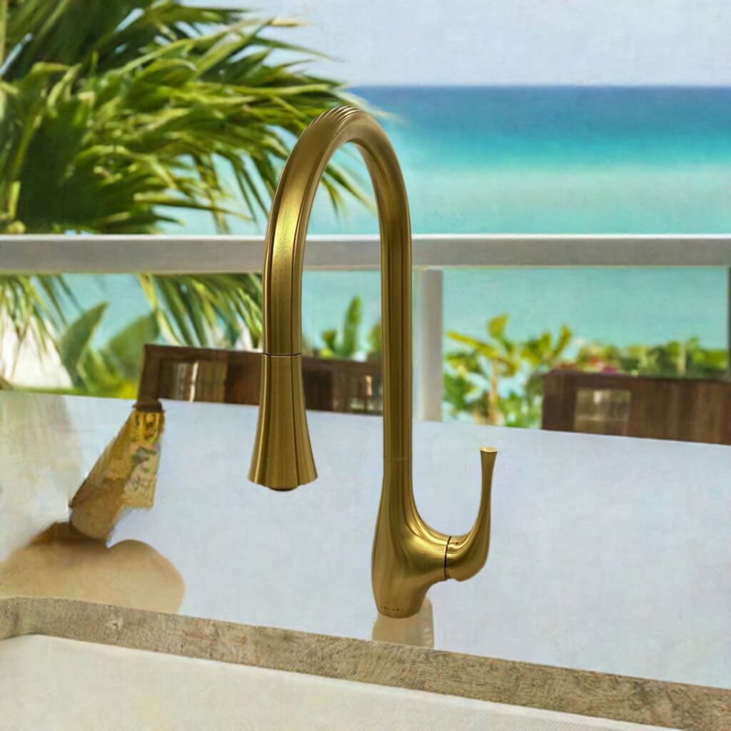 Lulani Yasawa Brushed Gold 1.8 GPM Single Handle 2-Function Pull-Down Spray Head 360 Swivel Spout Faucet With Baseplate