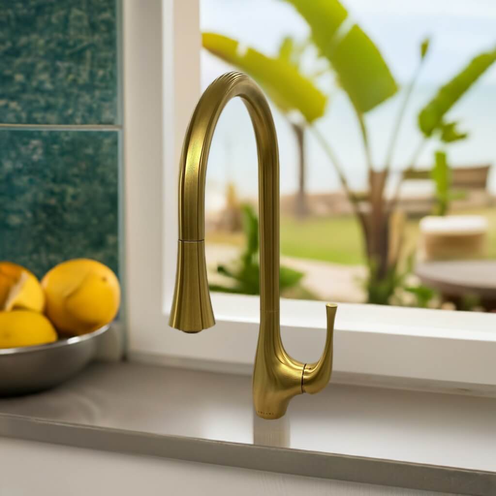 Lulani Yasawa Brushed Gold 1.8 GPM Single Handle 2-Function Pull-Down Spray Head 360 Swivel Spout Faucet With Baseplate