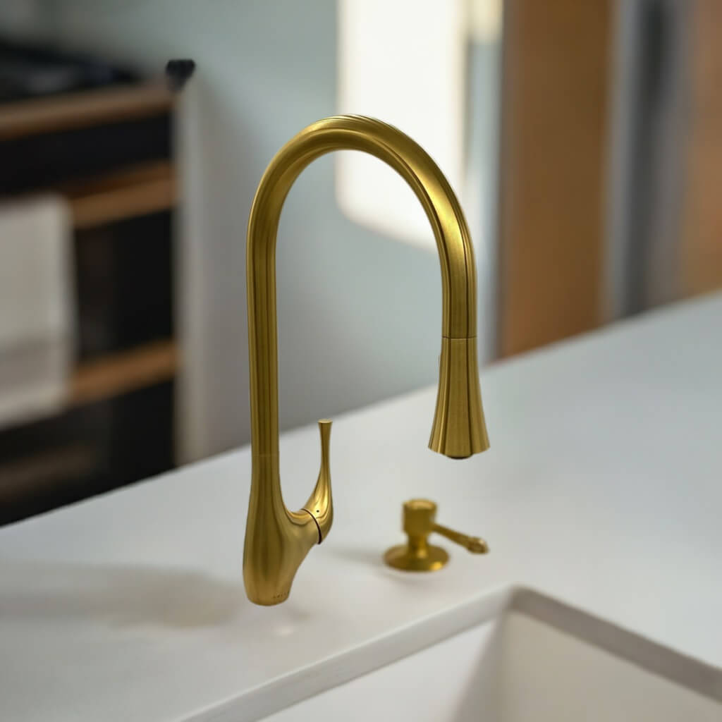 Lulani Yasawa Brushed Gold 1.8 GPM Single Handle 2-Function Pull-Down Spray Head 360 Swivel Spout Faucet With Baseplate