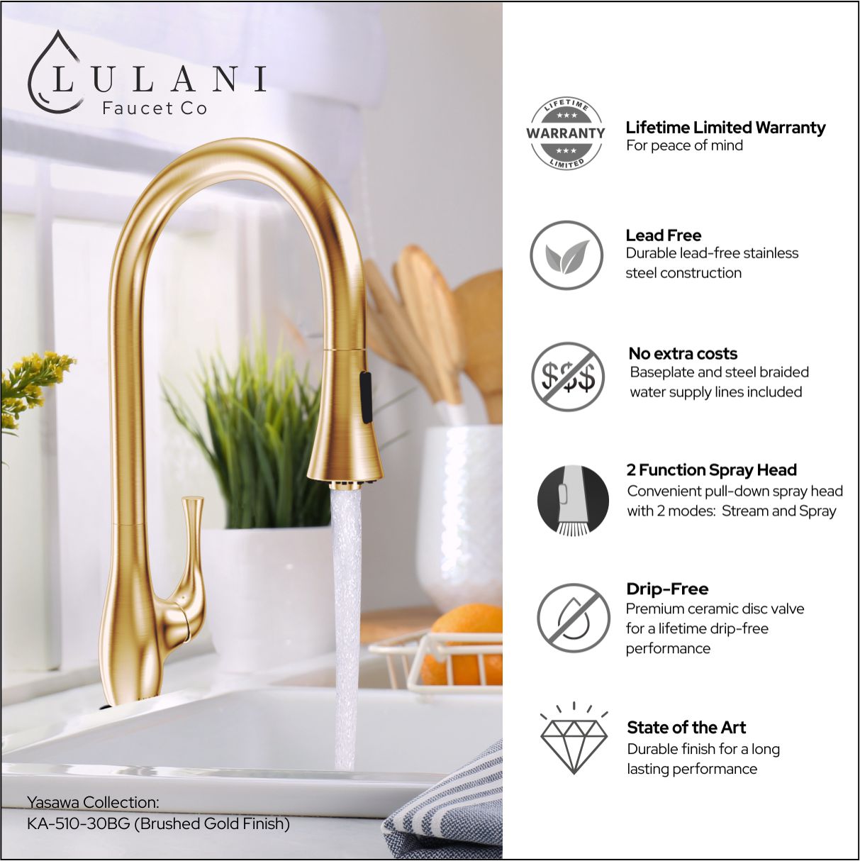 Lulani Yasawa Brushed Gold 1.8 GPM Single Handle 2-Function Pull-Down Spray Head 360 Swivel Spout Faucet With Baseplate