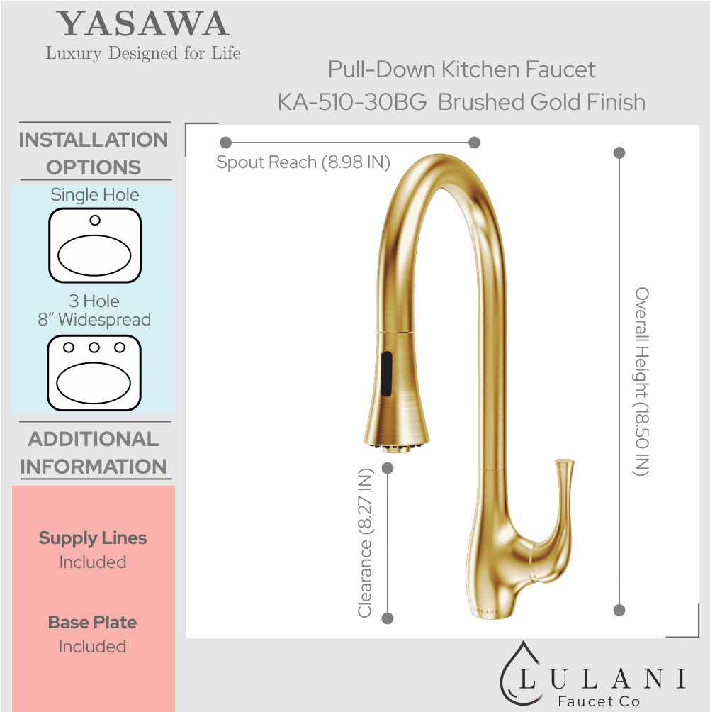 Lulani Yasawa Brushed Gold 1.8 GPM Single Handle 2-Function Pull-Down Spray Head 360 Swivel Spout Faucet With Baseplate