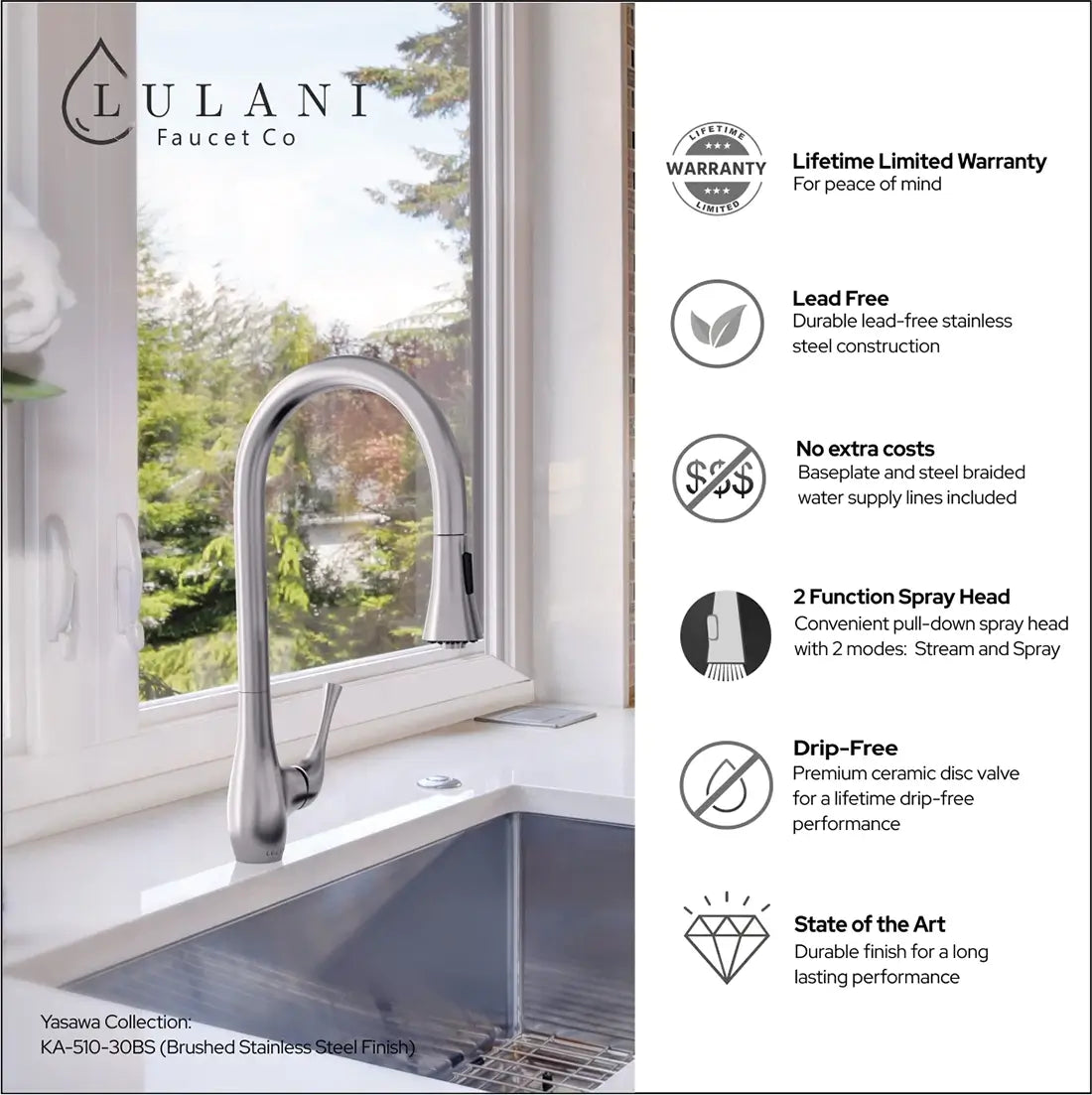 Lulani Yasawa Brushed Stainless Steel 1.8 GPM Single Handle 2-Function Pull-Down Spray Head 360 Swivel Spout Faucet With Baseplate