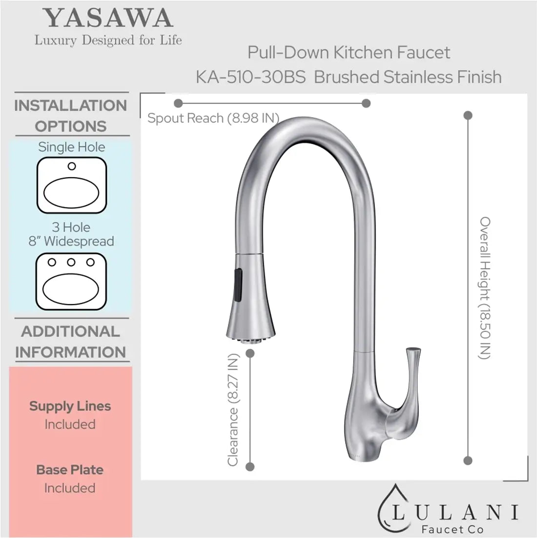 Lulani Yasawa Brushed Stainless Steel 1.8 GPM Single Handle 2-Function Pull-Down Spray Head 360 Swivel Spout Faucet With Baseplate