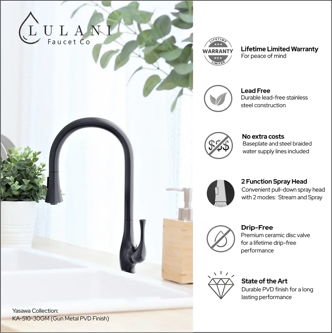 Lulani Yasawa Gun Metal 1.8 GPM Single Handle 2-Function Pull-Down Spray Head 360 Swivel Spout Faucet With Baseplate