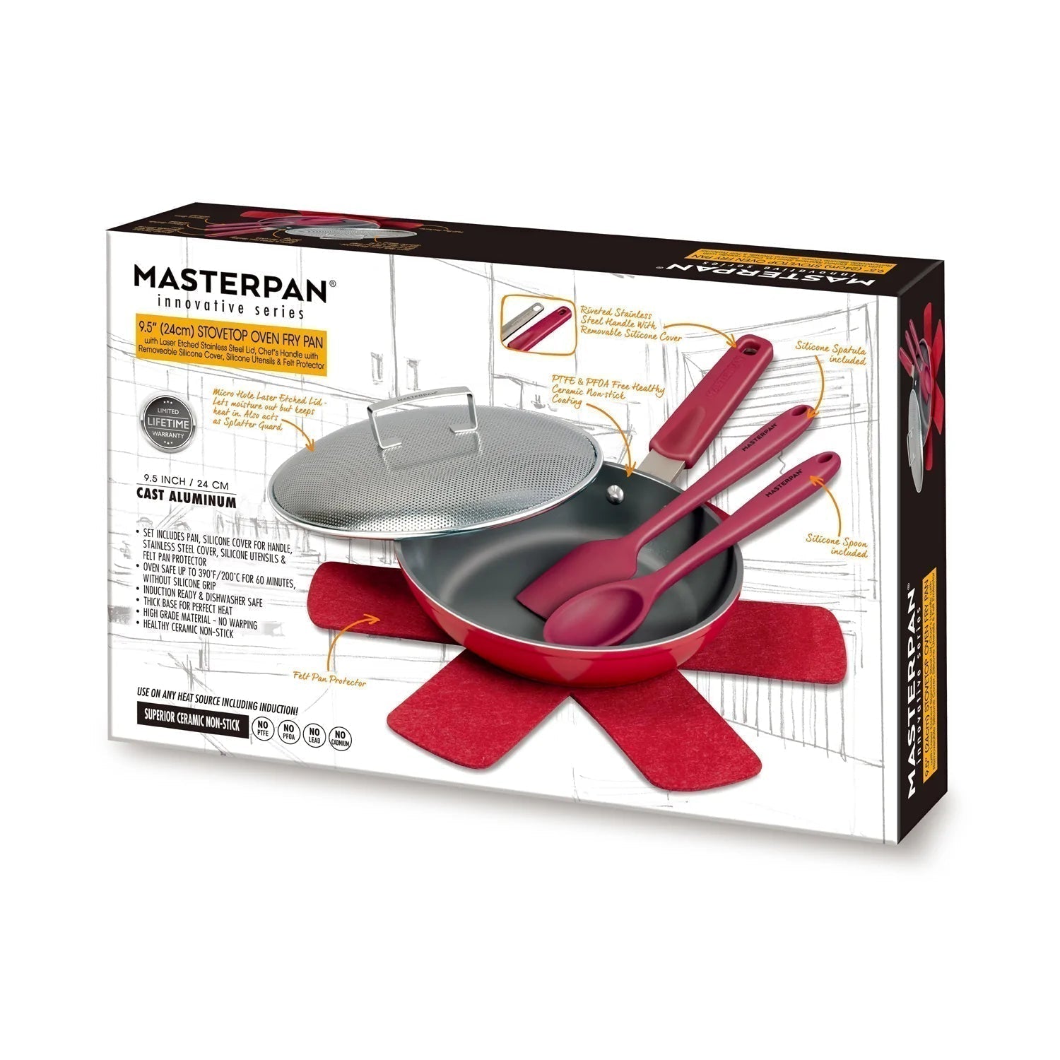 MASTERPAN Chef's Series 10” Beet Stovetop Oven Fry Pan & Skillet With Heat-in Steam-Out Lid, Healthy Ceramic Non-stick Aluminum With Stainless Steel Chef’s Handle, Bonus 2 Utensils and Felt Pan Protector