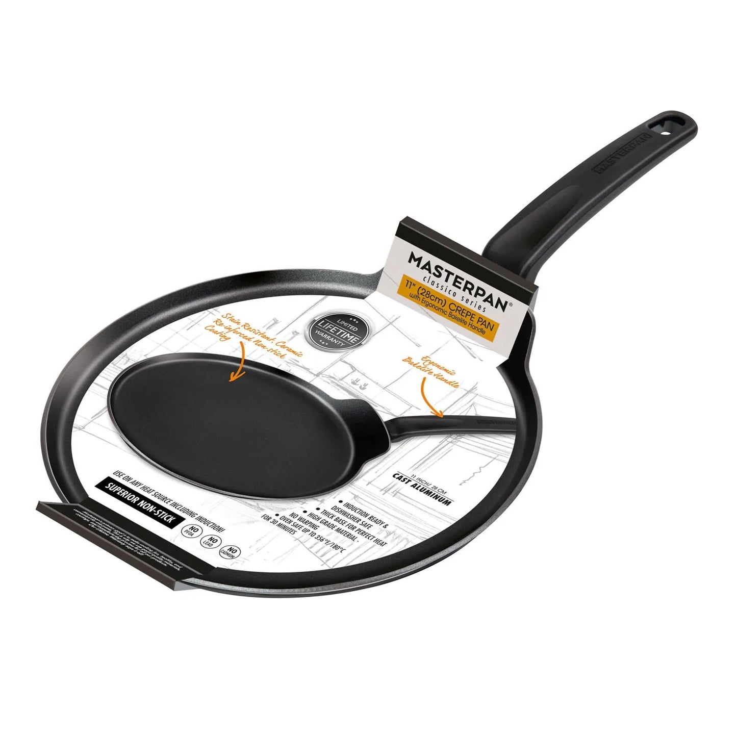 MASTERPAN Classico Series 11” Crepe Pan, Non-stick Aluminum Cookware With Bakelite Handle