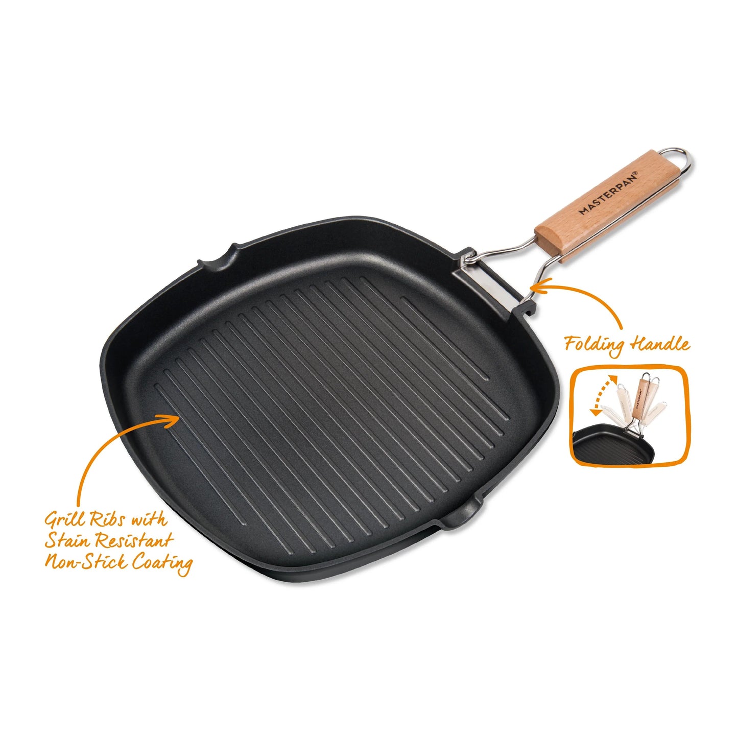 MASTERPAN Classico Series 11” Grill Pan Non-stick Cast Aluminum With Folding Handle