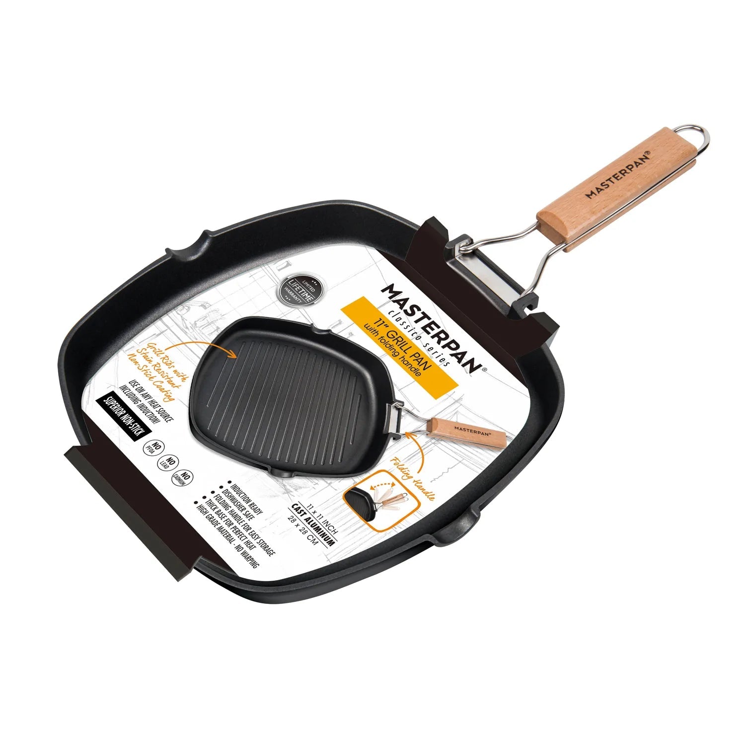 MASTERPAN Classico Series 11” Grill Pan Non-stick Cast Aluminum With Folding Handle