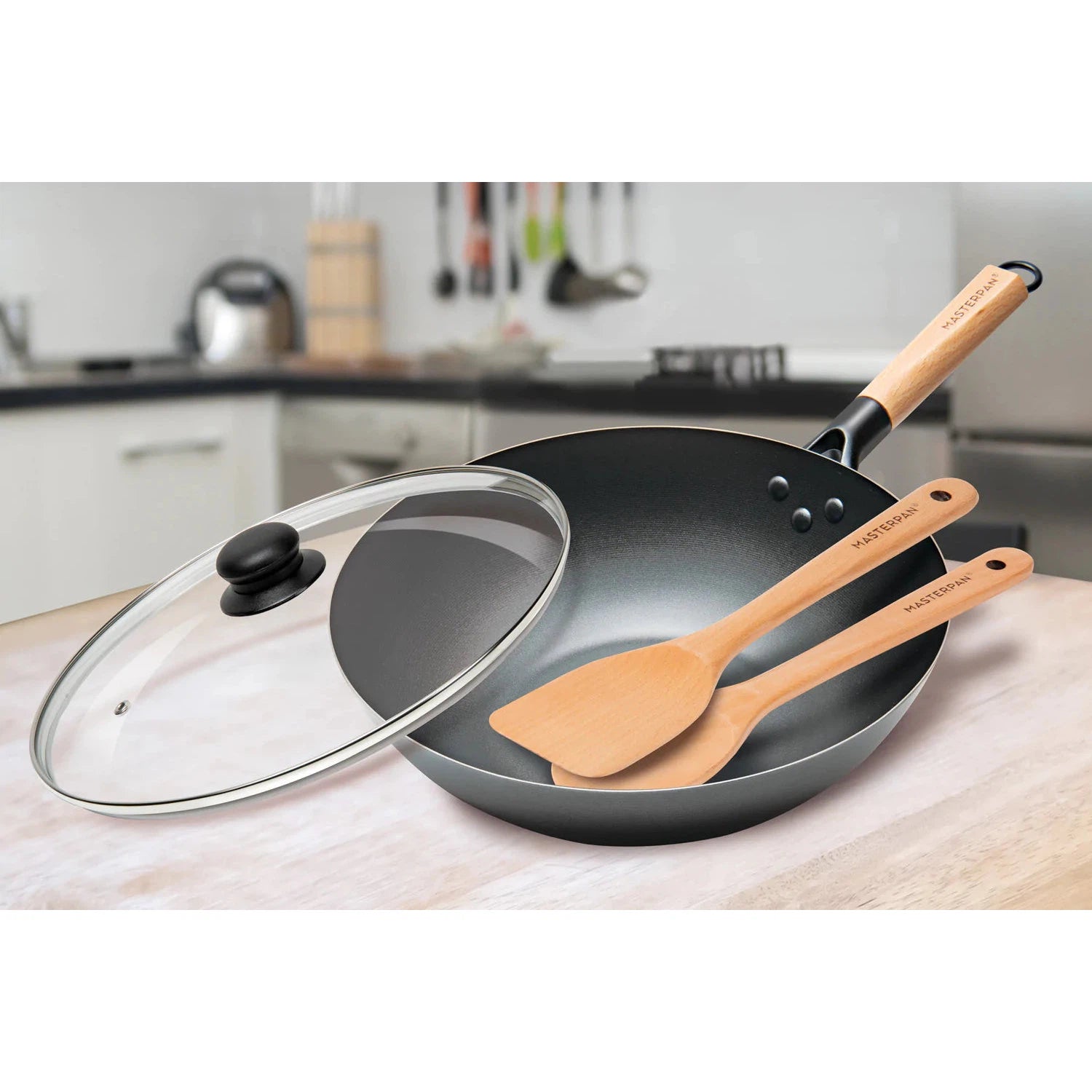 MASTERPAN Classico Series 12” Carbon Steel Wok With Glass Lid and Wooden Utensils, Non-stick Flat Bottom Asian Stir-Fry Cookware With Wooden Handle