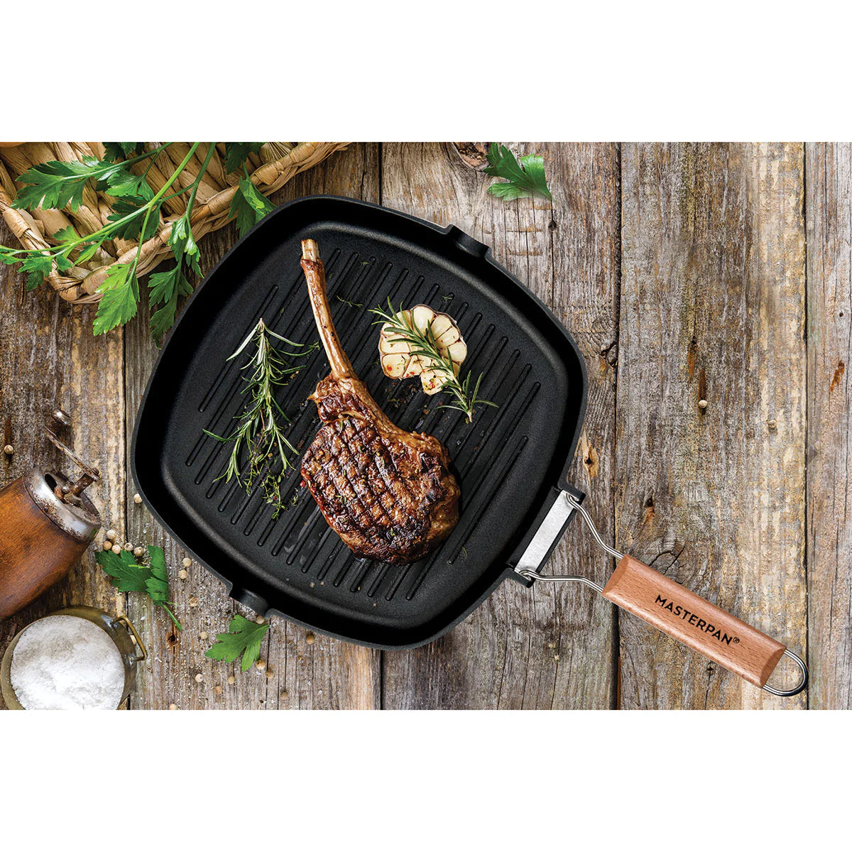 MASTERPAN Classico Series 8” Grill Pan Non-stick Cast Aluminum With Folding Handle