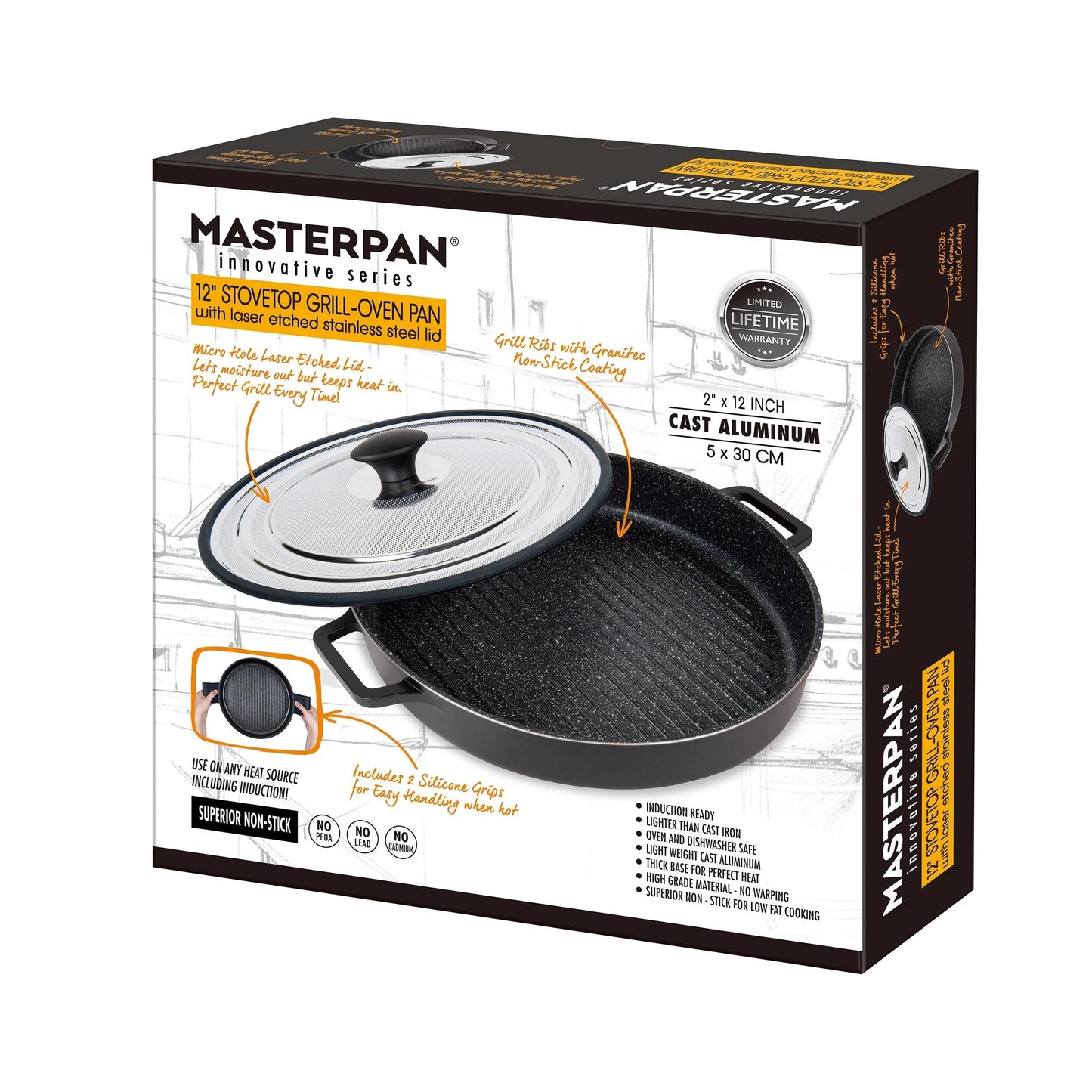 MASTERPAN Innovative Series 12” Black Stovetop Oven Grill Pan With Heat-in Steam-Out Lid, Non-stick Cast Aluminum