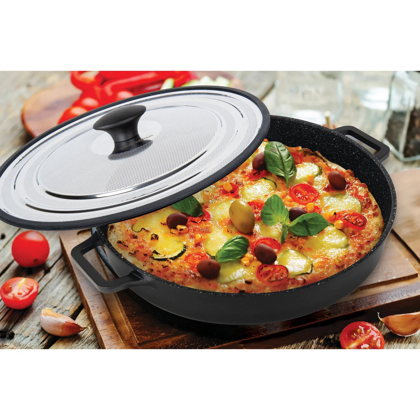 MASTERPAN Innovative Series 12” Black Stovetop Oven Grill Pan With Heat-in Steam-Out Lid, Non-stick Cast Aluminum