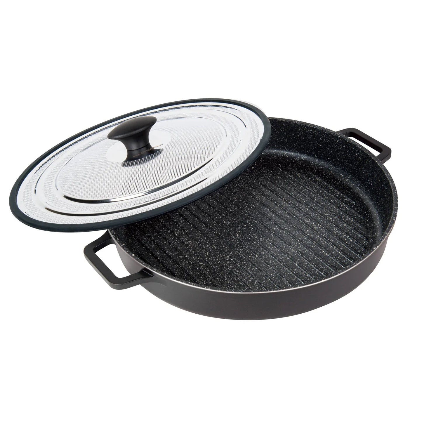 MASTERPAN Innovative Series 12” Black Stovetop Oven Grill Pan With Heat-in Steam-Out Lid, Non-stick Cast Aluminum