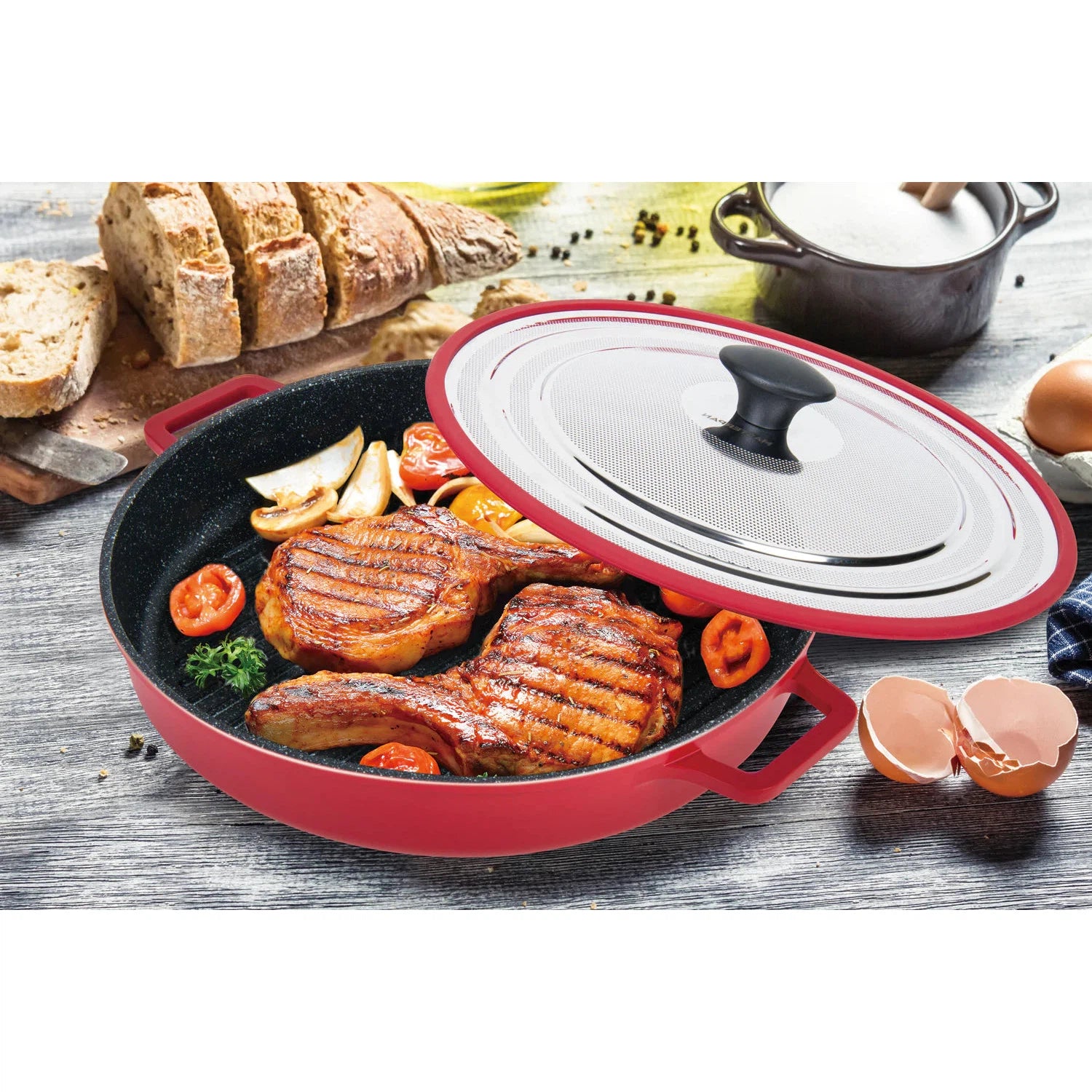 MasterPan Stovetop Oven Grill Pan with Heat-in Steam-Out Lid, Red, 12