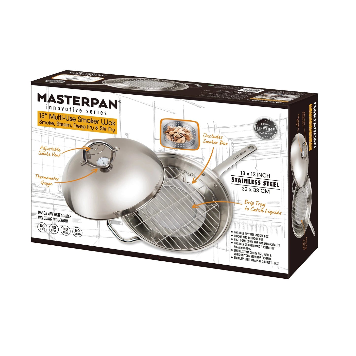 MASTERPAN Innovative Series 13” Stovetop Multi-Use 4-in-1 Smoker Wok Stainless Steel