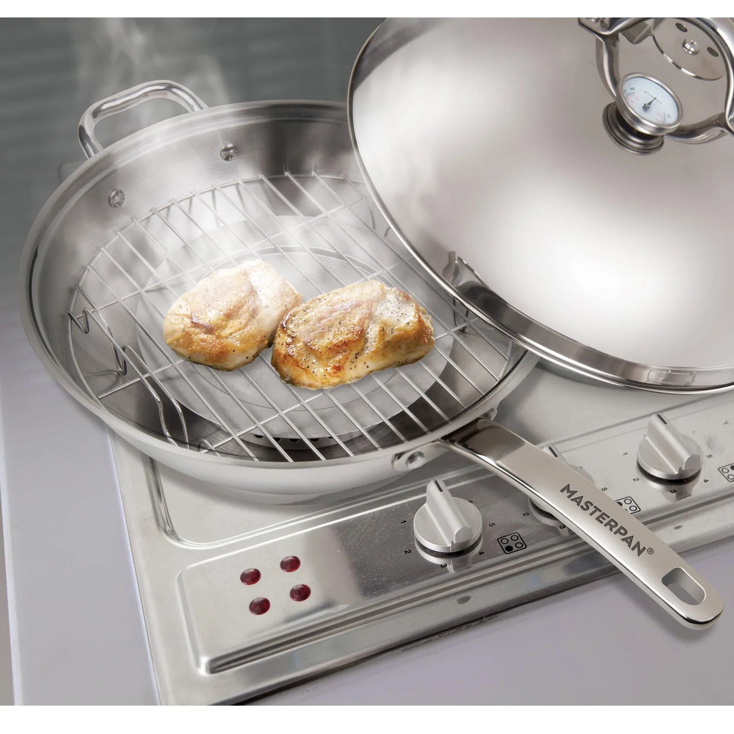 MASTERPAN Innovative Series 13” Stovetop Multi-Use 4-in-1 Smoker Wok Stainless Steel