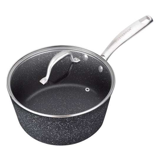 MASTERPAN Premium Series 7” 2 QT. Sauce Pan With Glass Lid Non-stick Cast Aluminum Granite Look Finish