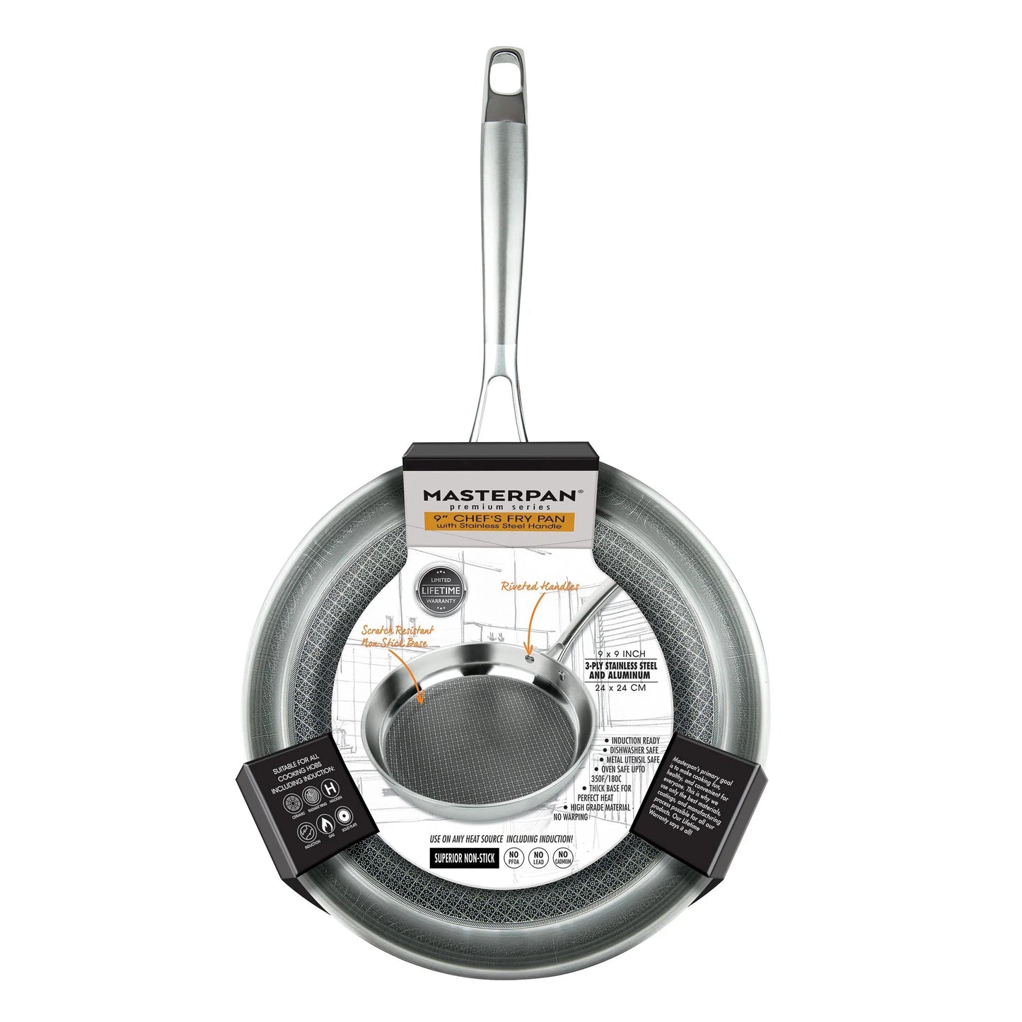 MASTERPAN Premium Series 9” 3-Ply Fry Pan and Skillet Stainless Steel and Aluminum Scratch-Resistant