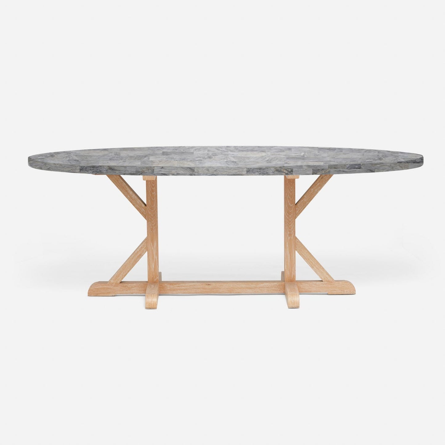 Made Goods Dane 72" x 42" x 30" White Cerused Oak Dinning Table With Oval Gray Romblon Stone Table Top