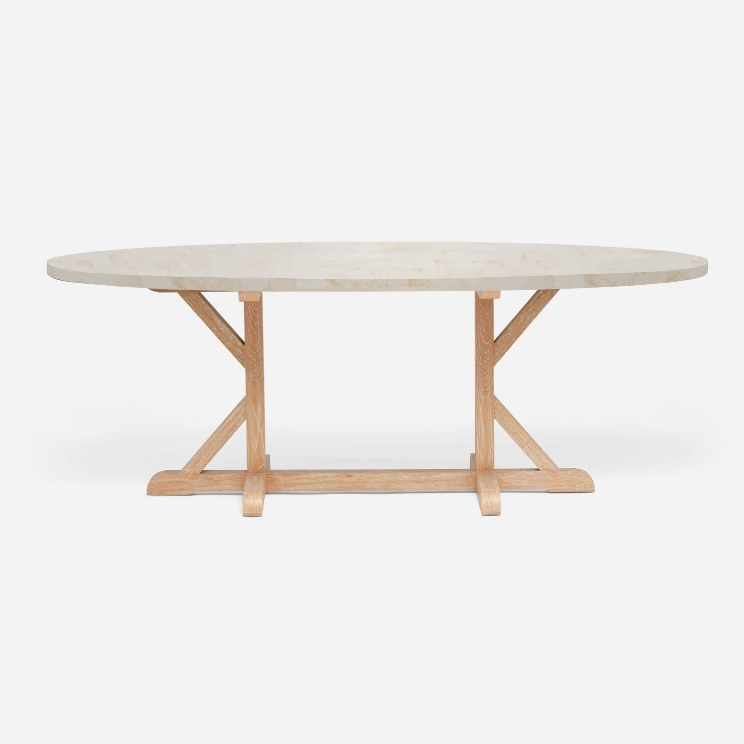Made Goods Dane 84" x 42" x 30" White Cerused Oak Dinning Table With Oval Ice Crystal Stone Table Top