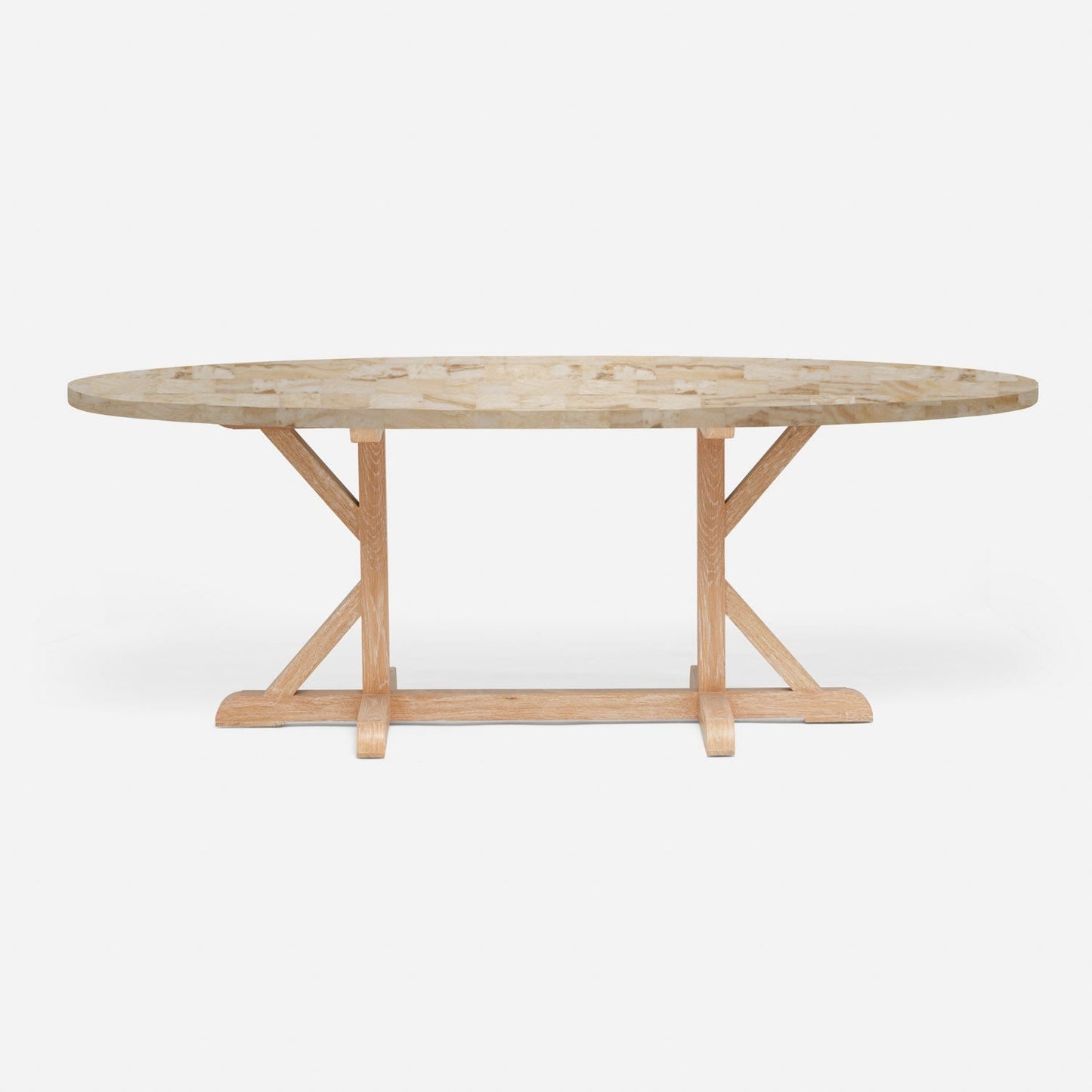 Made Goods Dane 96" x 44" x 30" White Cerused Oak Dinning Table With Oval Beige Crystal Stone Table Top