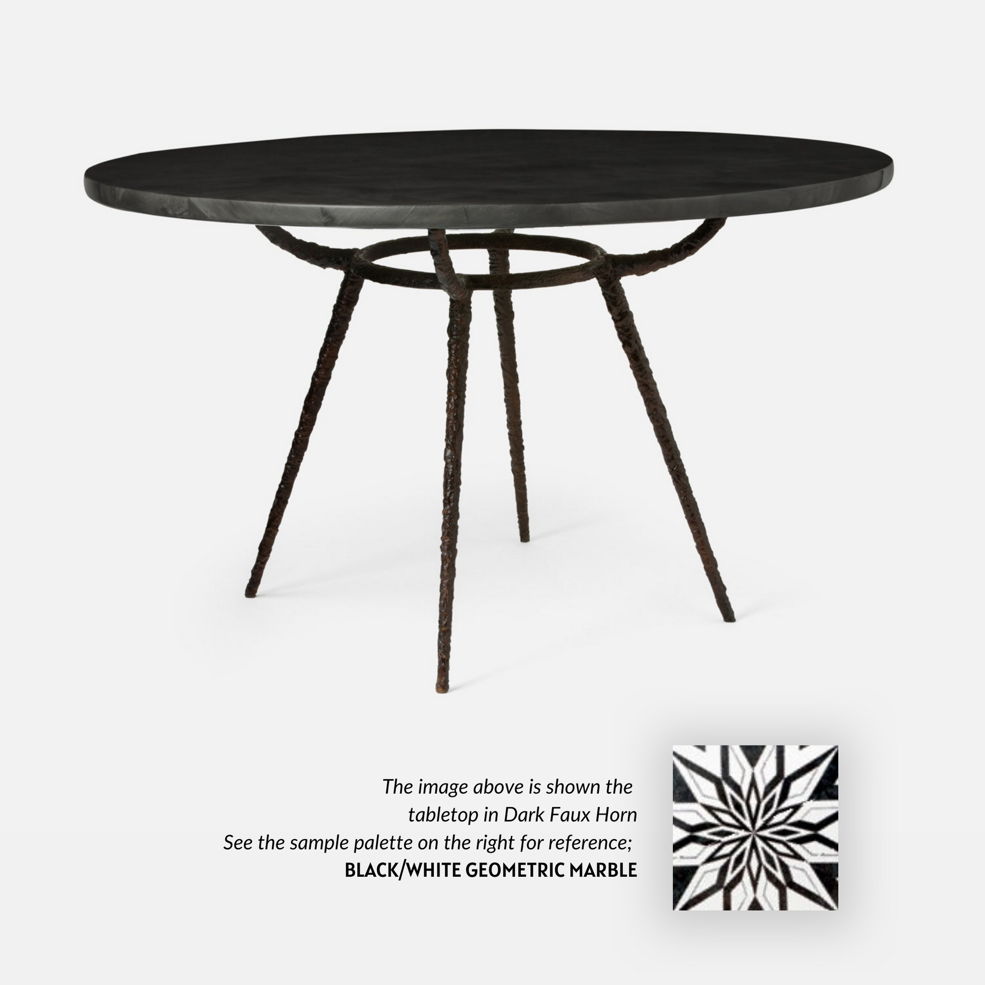 Made Goods Grace 48" x 30" Bronze Pitted Iron Dinning Table With Round Black/White Geometric Marble Table Top