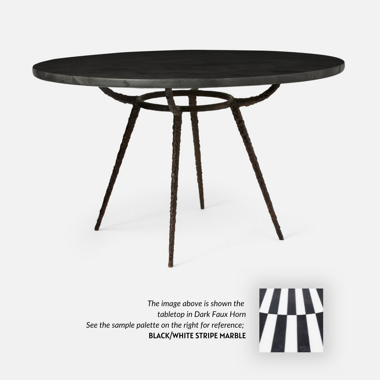 Made Goods Grace 48" x 30" Bronze Pitted Iron Dinning Table With Round Black/White Stripe Marble Table Top