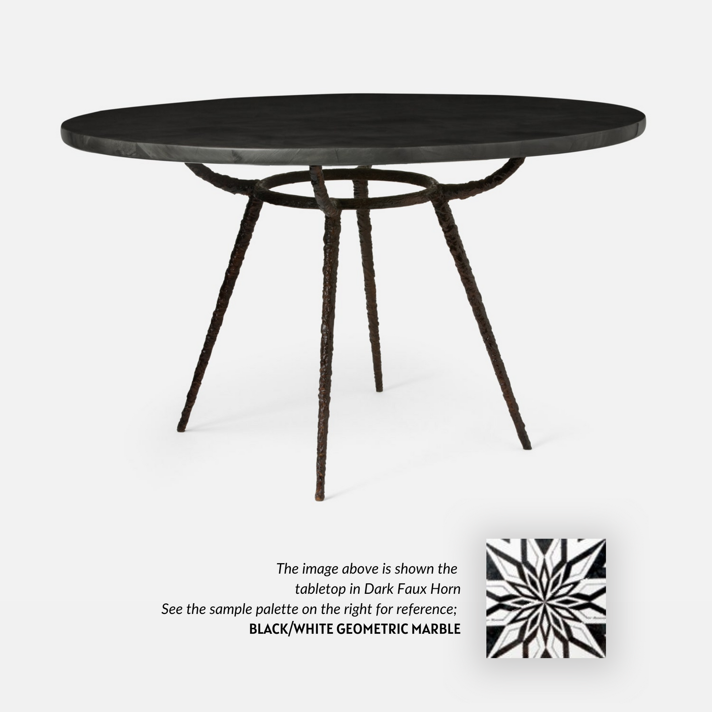 Made Goods Grace 54" x 30" Bronze Pitted Iron Dinning Table With Round Black/White Geometric Marble Table Top