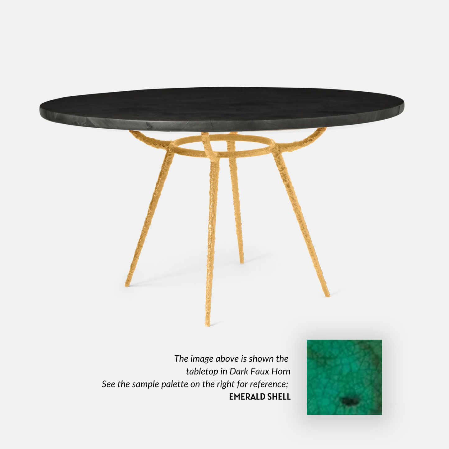 Made Goods Grace 54" x 30" Gold Pitted Iron Dinning Table With Round Emerald Shell Table Top