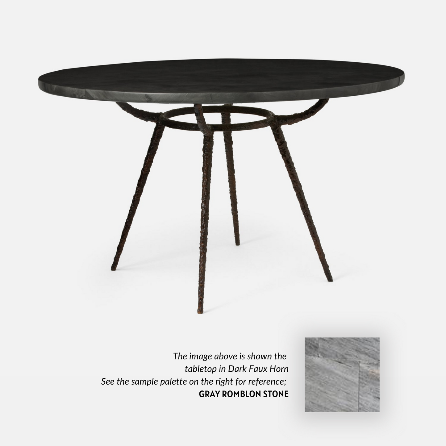 Made Goods Grace 60" x 30" Bronze Pitted Iron Dinning Table With Round Gray Romblon Stone Table Top