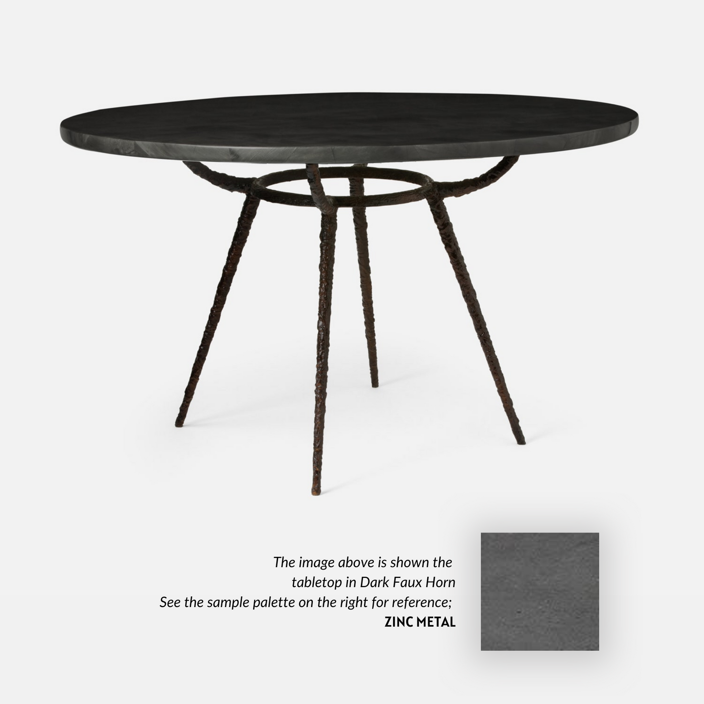 Made Goods Grace 72" x 30" Bronze Pitted Iron Dinning Table With Round Zinc Metal Table Top