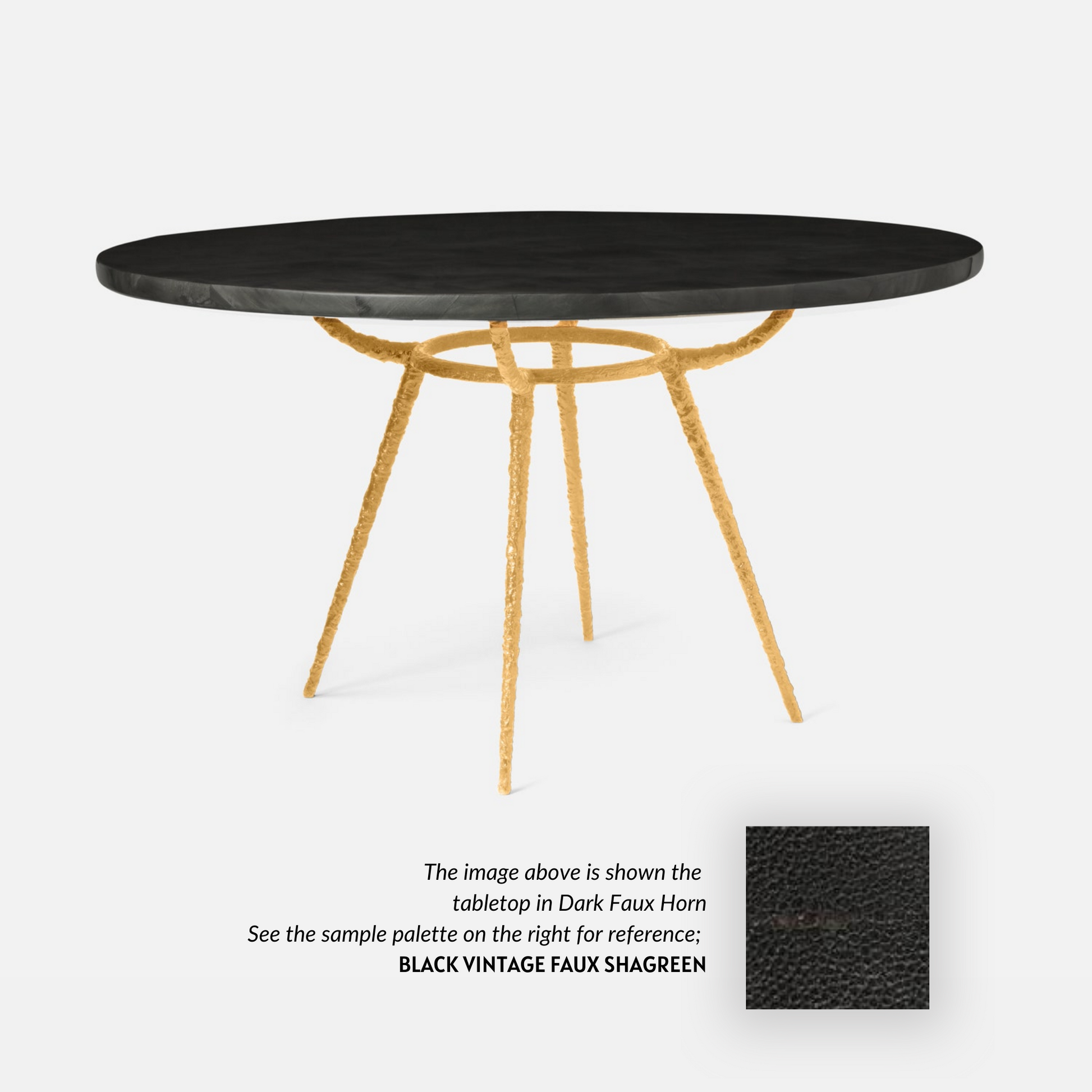 Made Goods Grace 72" x 30" Gold Pitted Iron Dinning Table With Round Black Vintage Faux Shagreen Table Top