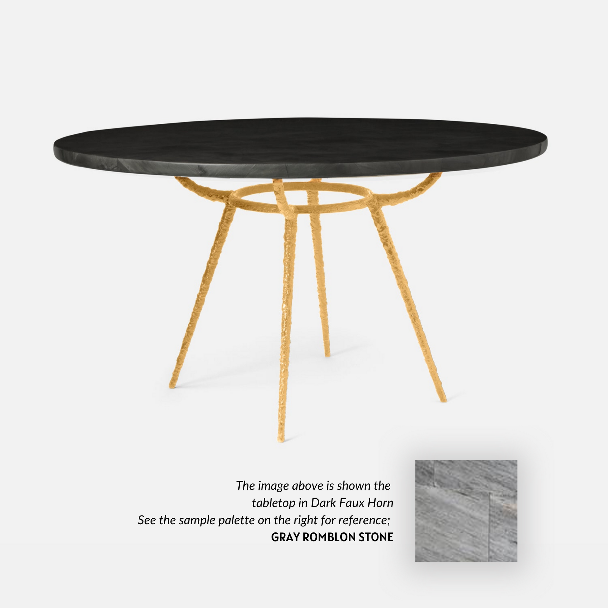 Made Goods Grace 72" x 30" Gold Pitted Iron Dinning Table With Round Gray Romblon Stone Table Top