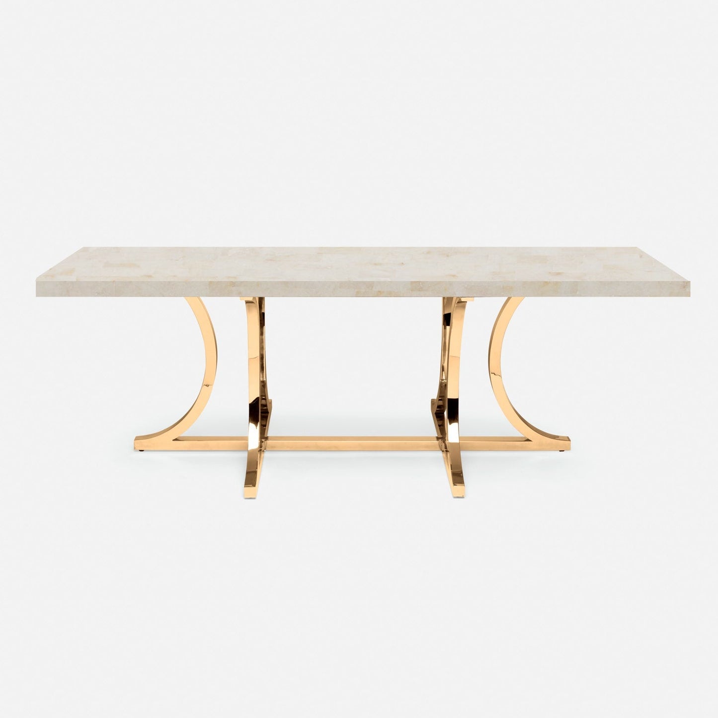 Made Goods Leighton 110" x 40" x 30" Polished Brass Steel Dinning Table With Rectangle Ice Crystal Stone Table Top