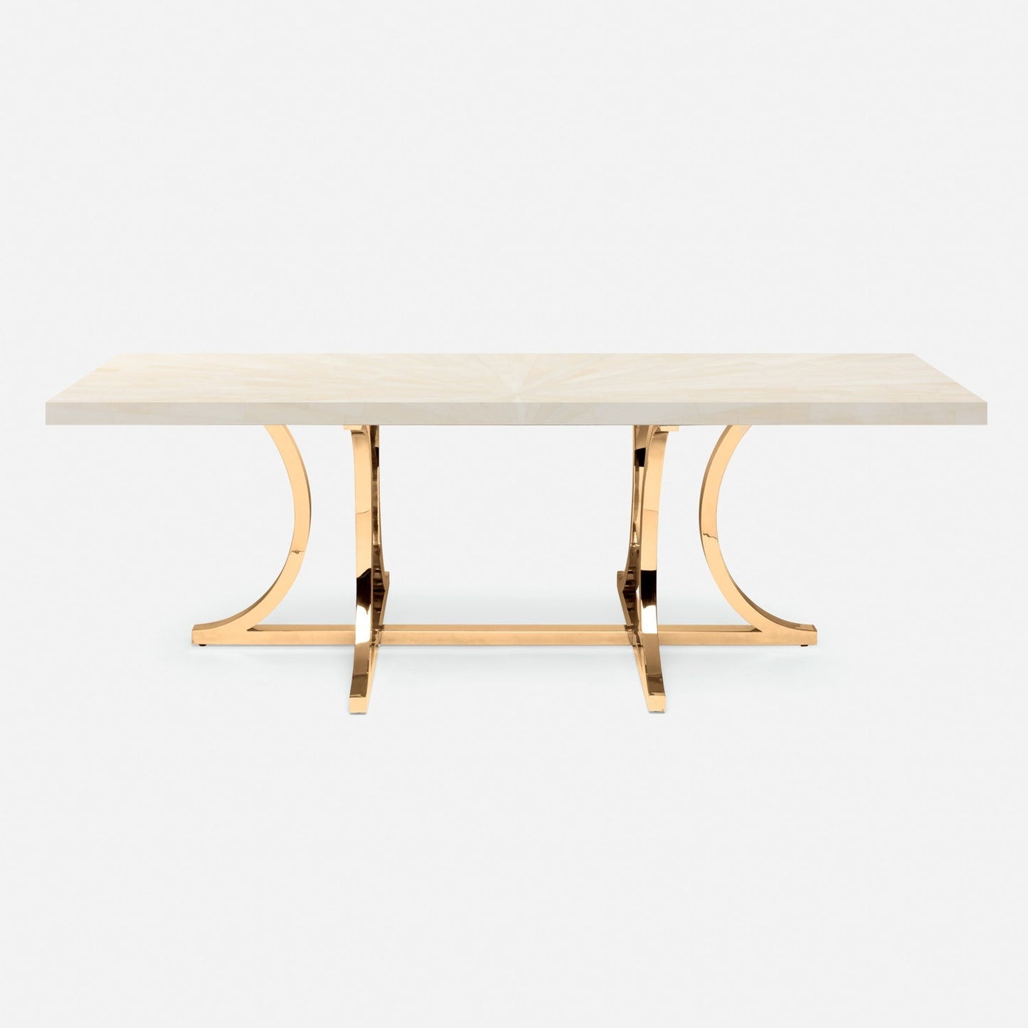 Made Goods Leighton 110" x 40" x 30" Polished Brass Steel Dinning Table With Rectangle Ivory Faux Horn Table Top