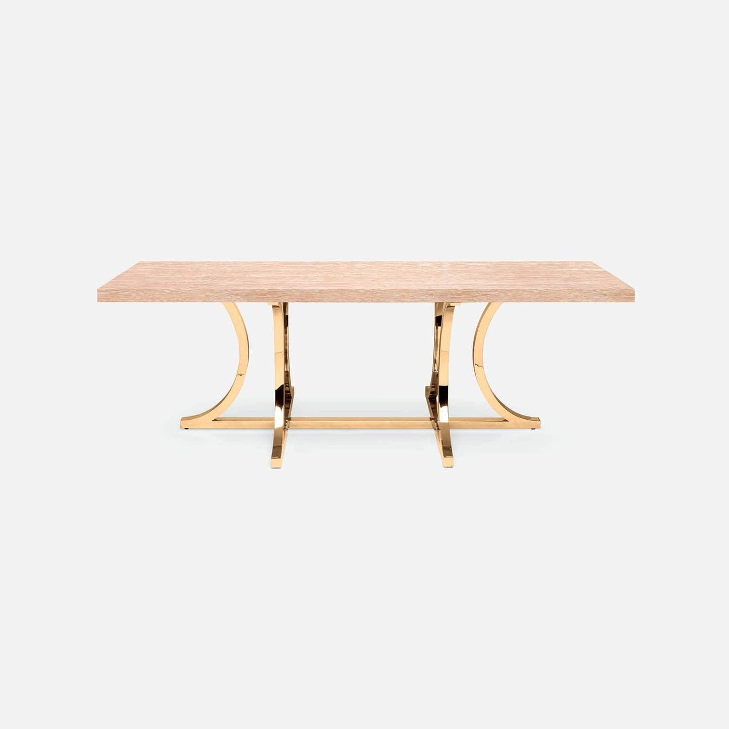 Made Goods Leighton 110" x 40" x 30" Polished Brass Steel Dinning Table With Rectangle White Cerused Oak Table Top