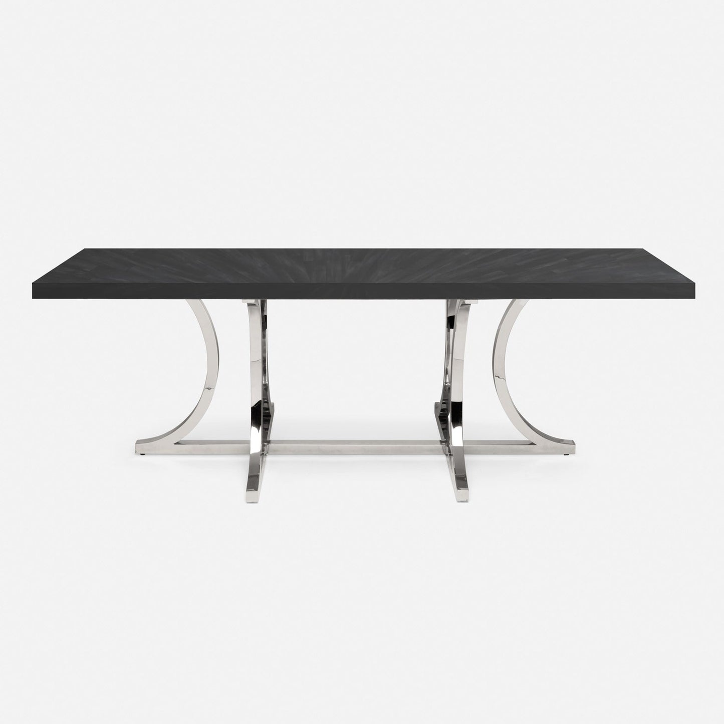 Made Goods Leighton 110" x 40" x 30" Polished Silver Steel Dinning Table With Rectangle Dark Faux Horn Table Top