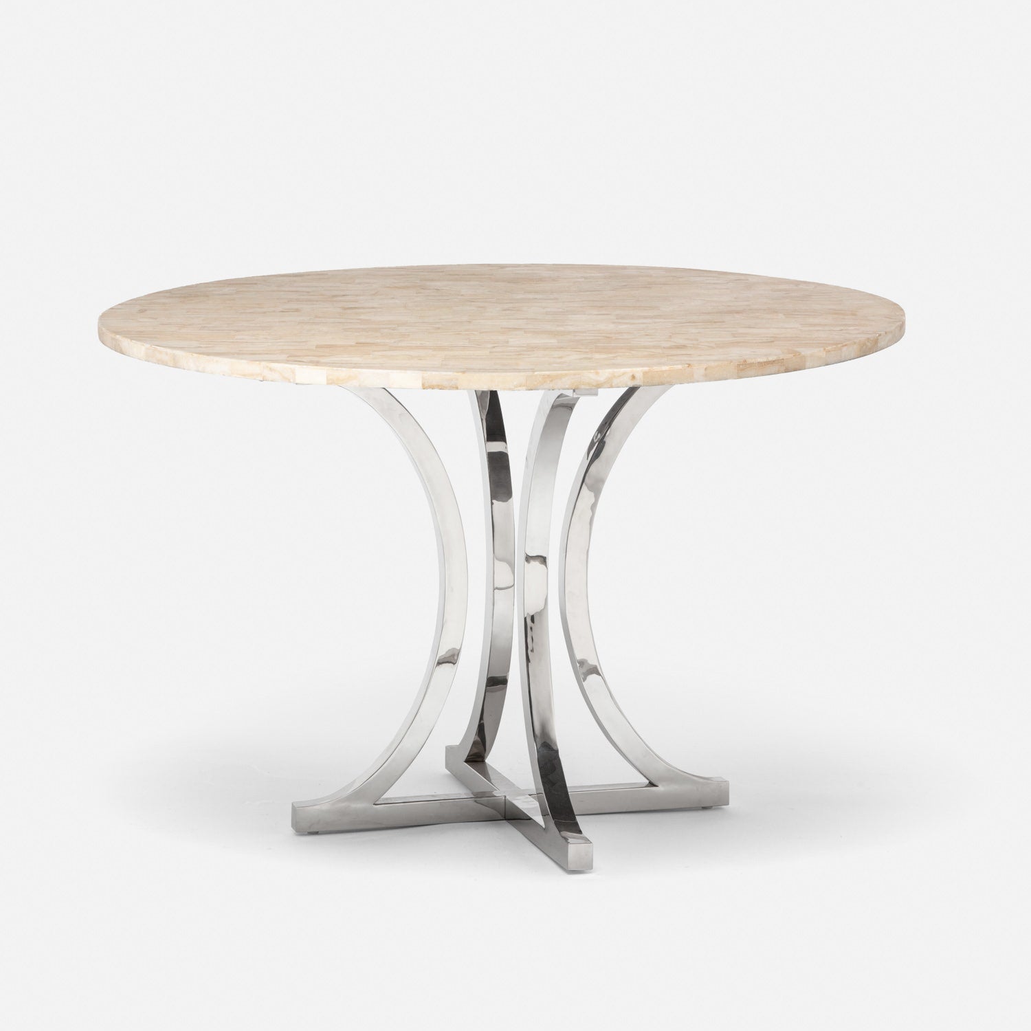 Made Goods Leighton 48" x 30" Polished Silver Steel Dinning Table With Round Beige Crystal Stone Table Top