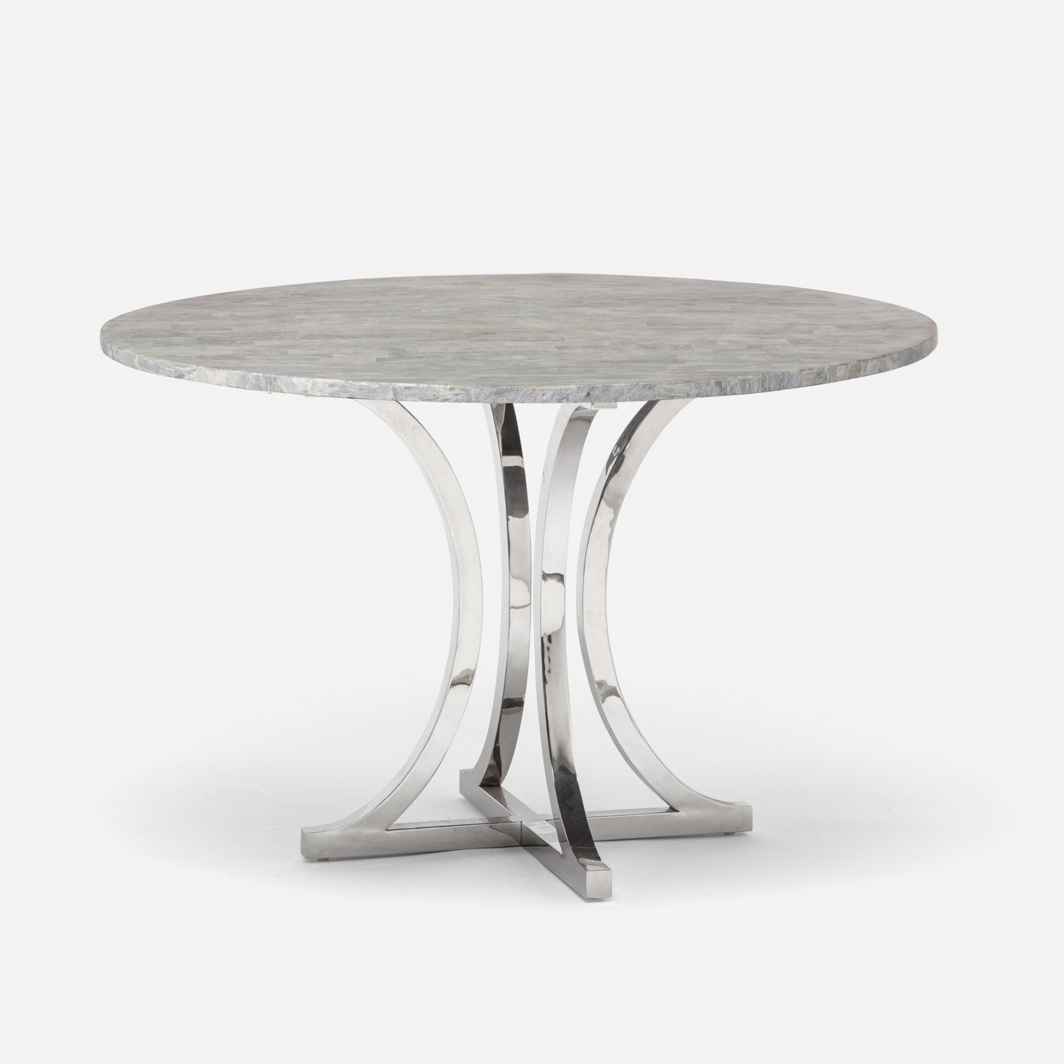 Made Goods Leighton 48" x 30" Polished Silver Steel Dinning Table With Round Gray Romblon Stone Table Top