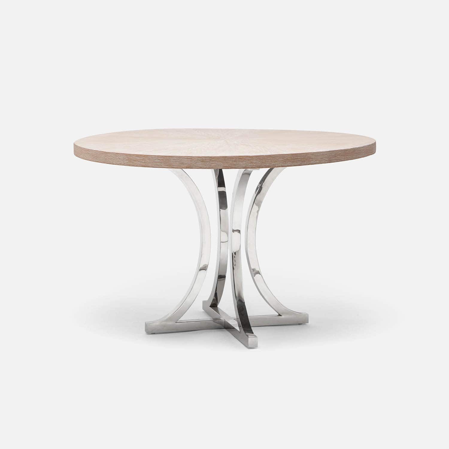 Made Goods Leighton 48" x 30" Polished Silver Steel Dinning Table With Round White Cerused Oak Table Top