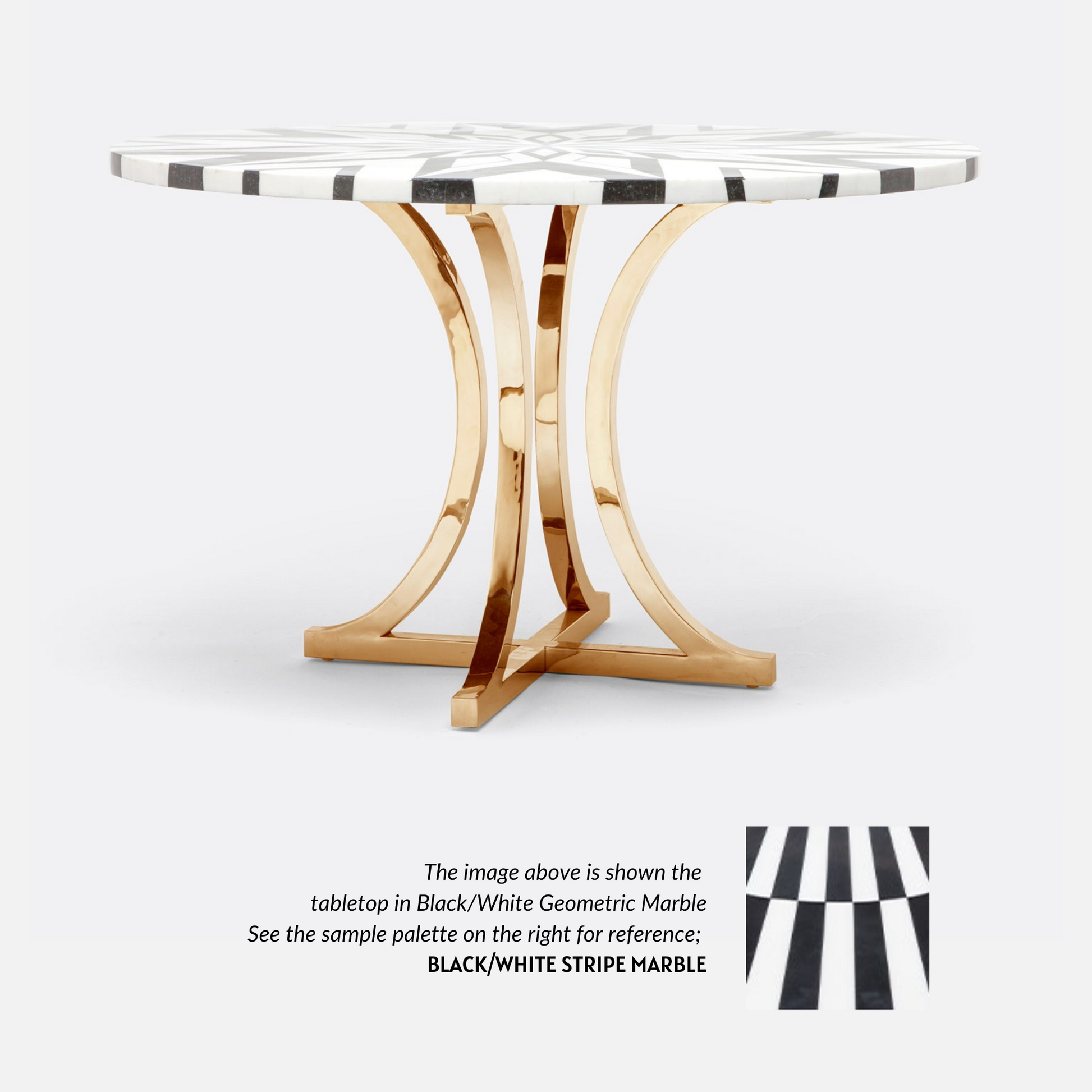 Made Goods Leighton 60" x 30" Polished Gold Steel Dinning Table With Round Black/White Stripe Marble Table Top