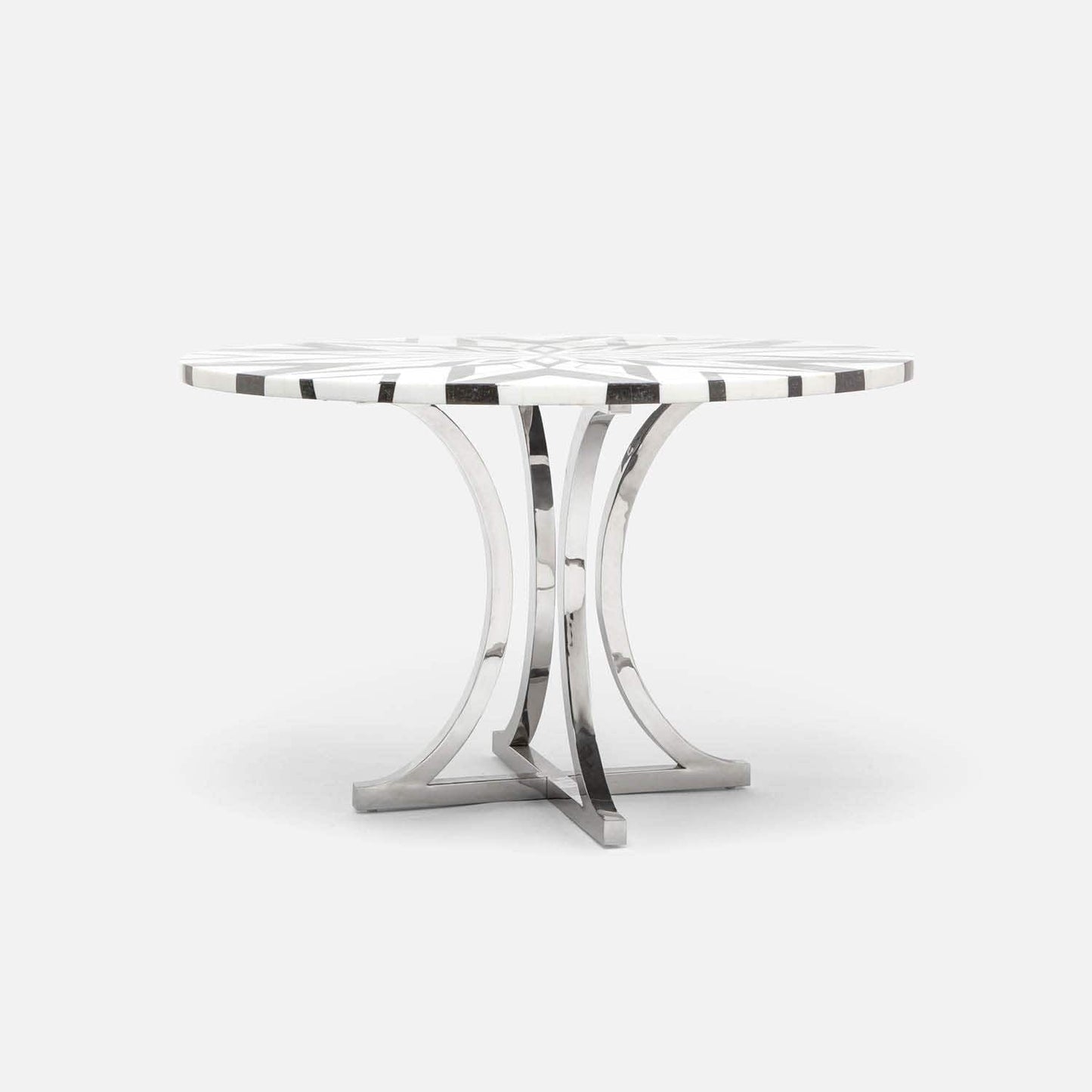 Made Goods Leighton 60" x 30" Polished Silver Steel Dinning Table With Round Black/White Geometric Marble Table Top