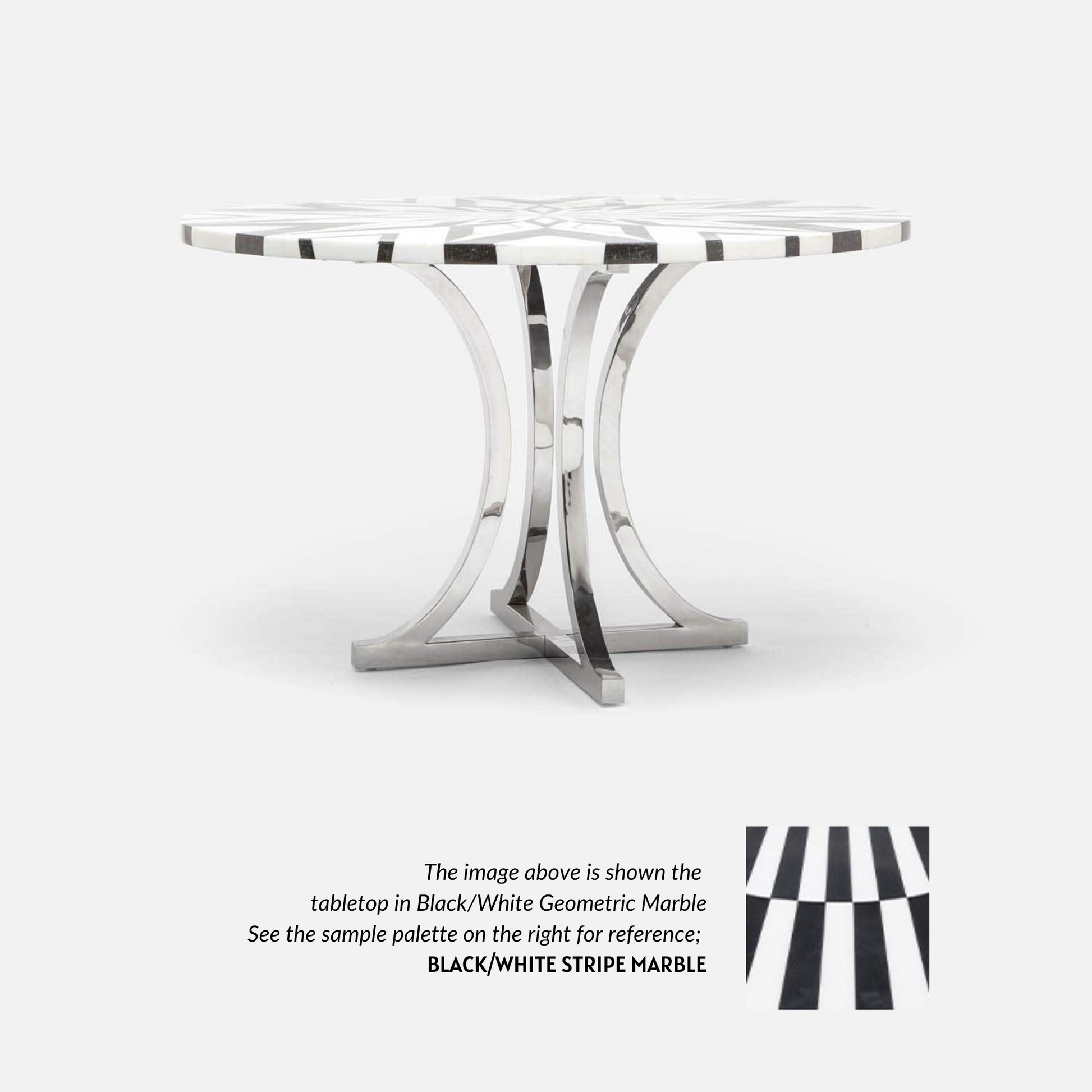 Made Goods Leighton 60" x 30" Polished Silver Steel Dinning Table With Round Black/White Stripe Marble Table Top