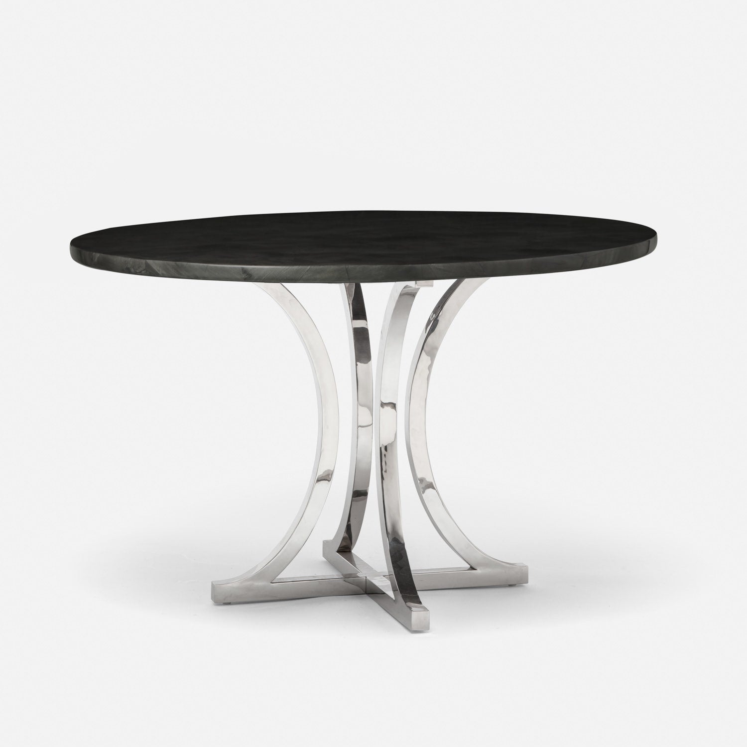 Made Goods Leighton 60" x 30" Polished Silver Steel Dinning Table With Round Dark Faux Horn Table Top