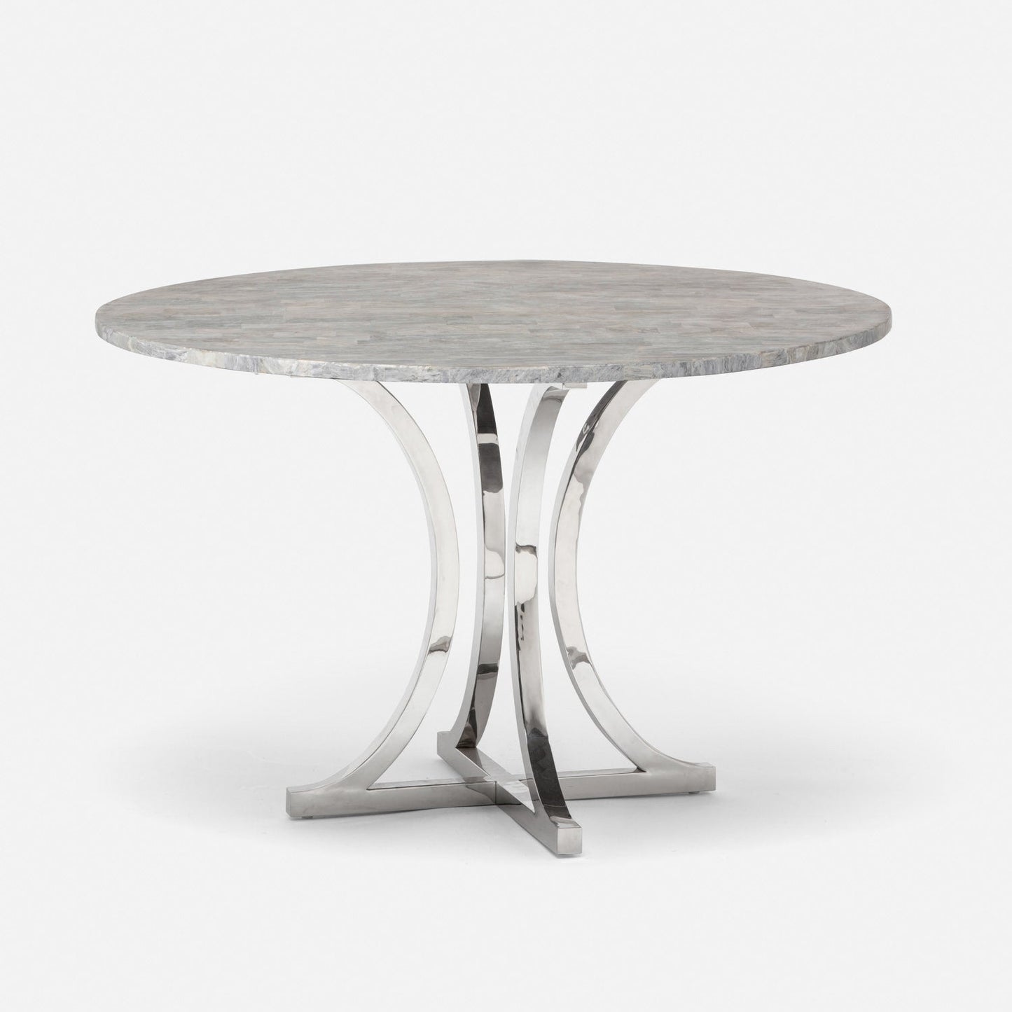 Made Goods Leighton 60" x 30" Polished Silver Steel Dinning Table With Round Gray Romblon Stone Table Top